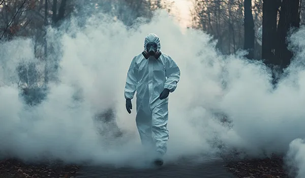 Nuclear Nightmare, Escape room opstart. Person i beskyttelsesdragt