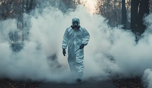 Nuclear Nightmare, Escape room opstart. Person i beskyttelsesdragt